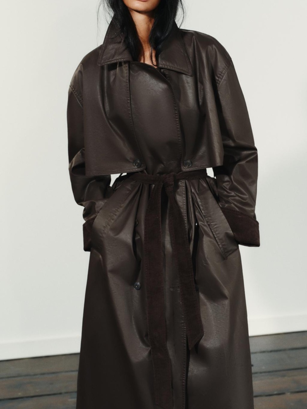 Zara Trench Cordoroy Cuffs Coat Waxing and Dark Brown Long Belted NWT